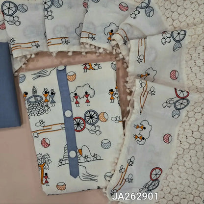 Premium half White pure cotton unstitched salwar material (lining needed) warli embroidery work on front, blueish grey cotton bottom, printed, lace detailing on cotton short width dupatta with pompom tapings. JA262901