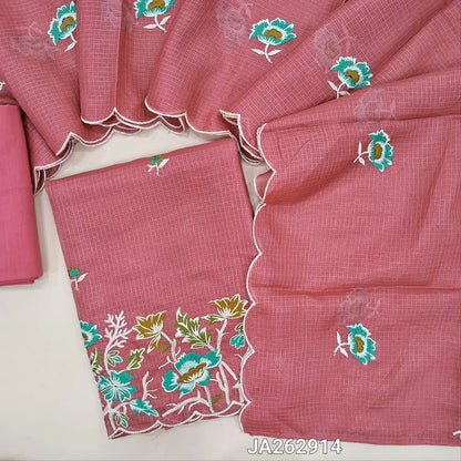 Dark Pink kota silk cotton unstitched salwar material (lining needed)floral embroidery work on daman, matching drum dyed cotton fabric provided, which can be use lining or bottom, floral embroidery kota silk cotton dupatta with scalp borders. JA262914