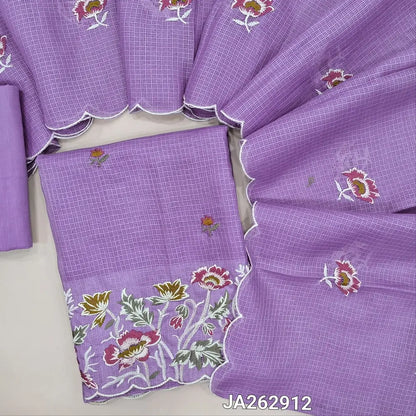 Lavender kota silk cotton unstitched salwar material (lining needed)floral embroidery work on daman, matching drum dyed cotton fabric provided, which can be use lining or bottom, floral embroidery kota silk cotton dupatta with scalp borders. JA262912