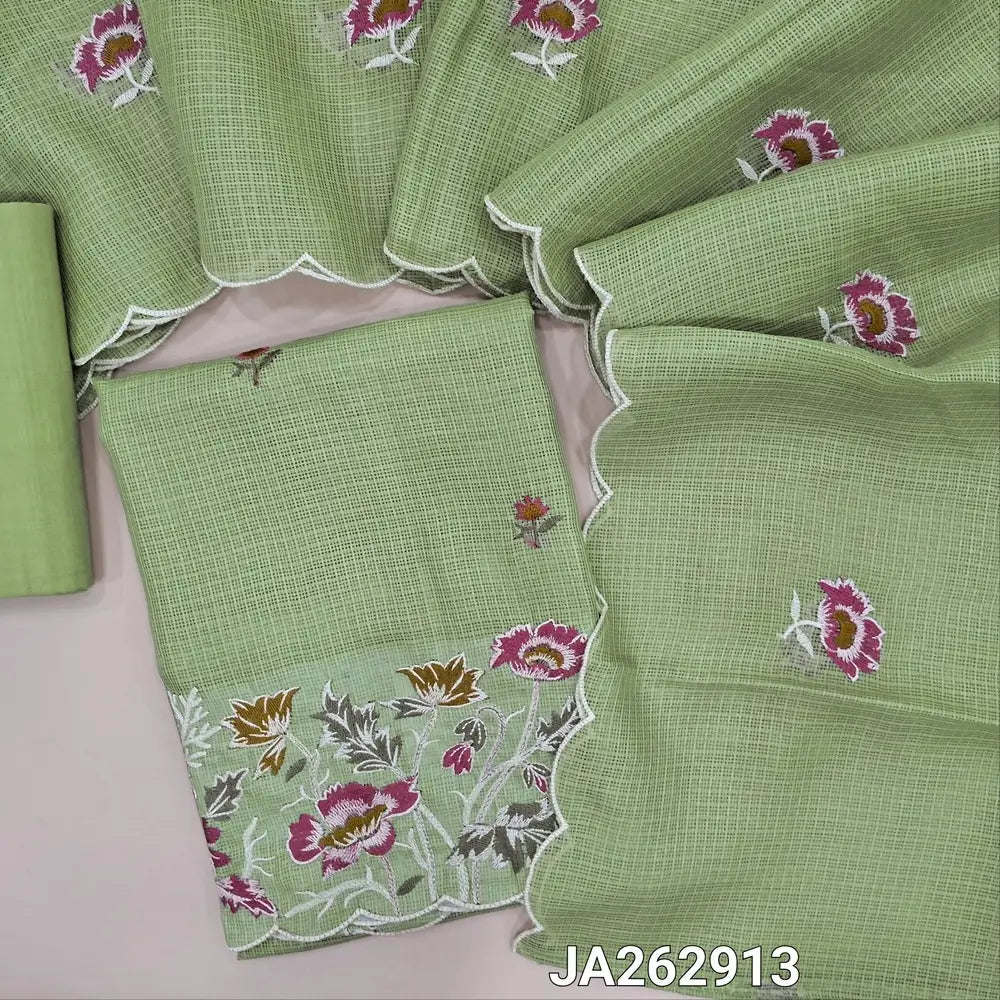 Sage Green kota silk cotton unstitched salwar material (lining needed)floral embroidery work on daman, matching drum dyed cotton fabric provided, which can be use lining or bottom, floral embroidery kota silk cotton dupatta with scalp borders. JA262913