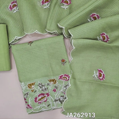 Sage Green kota silk cotton unstitched salwar material (lining needed)floral embroidery work on daman, matching drum dyed cotton fabric provided, which can be use lining or bottom, floral embroidery kota silk cotton dupatta with scalp borders. JA262913