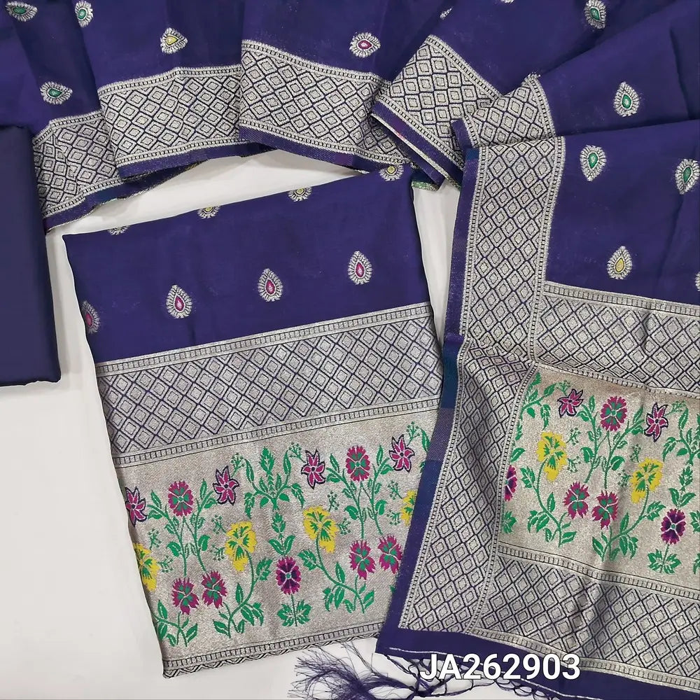 Dark Blue benarasi silk cotton unstitched salwar material (lining needed)colorful buttas allover, heavy paithani woven daman, matching silk cotton bottom, colorful buttas silk coton full length dupatta with paithani woven pallu & tassels. Ja262903