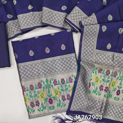 Dark Blue benarasi silk cotton unstitched salwar material (lining needed)colorful buttas allover, heavy paithani woven daman, matching silk cotton bottom, colorful buttas silk coton full length dupatta with paithani woven pallu & tassels. Ja262903