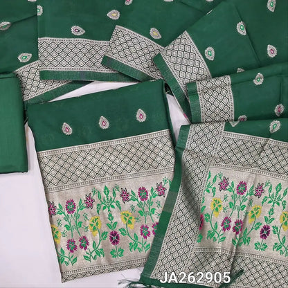Bottle Green benarasi silk cotton unstitched salwar material (lining needed)colorful buttas allover, heavy paithani woven daman, matching silk cotton bottom, colorful buttas silk coton full length dupatta with paithani woven pallu & tassels. Ja262905