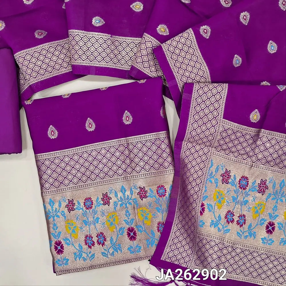 Purple benarasi silk cotton unstitched salwar material (lining needed)colorful buttas allover, heavy paithani woven daman, matching silk cotton bottom, colorful buttas silk coton full length dupatta with paithani woven pallu & tassels. Ja262902