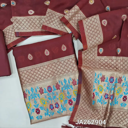 Dark Maroon benarasi silk cotton unstitched salwar material (lining needed)colorful buttas allover, heavy paithani woven daman, matching silk cotton bottom, colorful buttas silk coton full length dupatta with paithani woven pallu & tassels. Ja262904