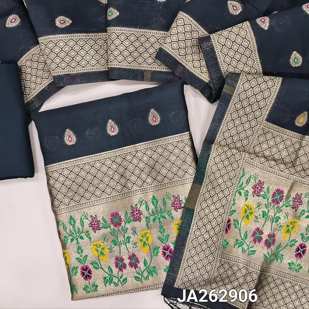 Black benarasi silk cotton unstitched salwar material (lining needed)colorful buttas allover, heavy paithani woven daman, matching silk cotton bottom, colorful buttas silk cooton full length dupatta with paithani woven pallu & tassels. Ja262906