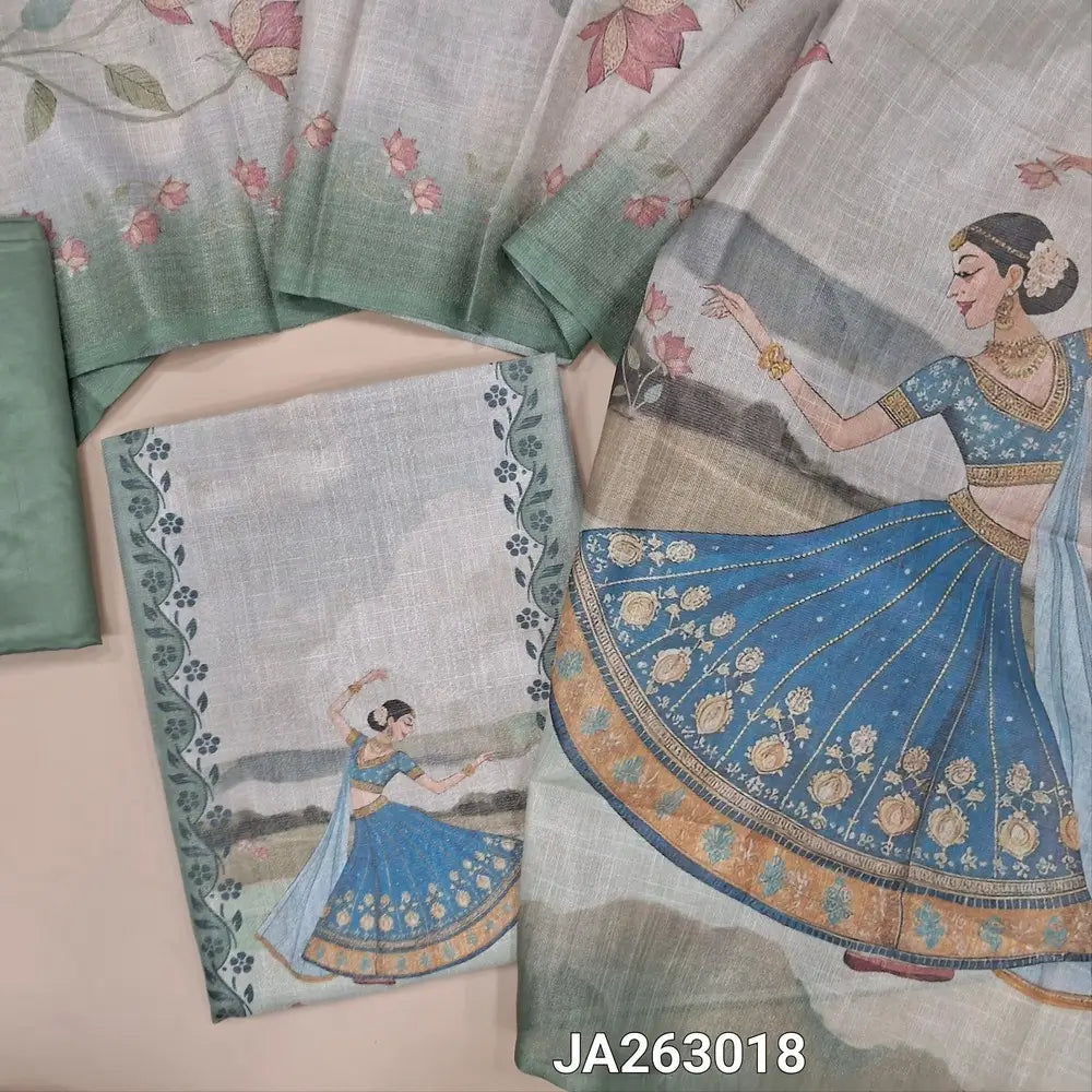Digital printed multicolor & golden tint tissue silk cotton unstitched salwar material, (lining needed) digital print allover, sage green silky bottom, digital printed tissue silk cotton dupatta. JA263018