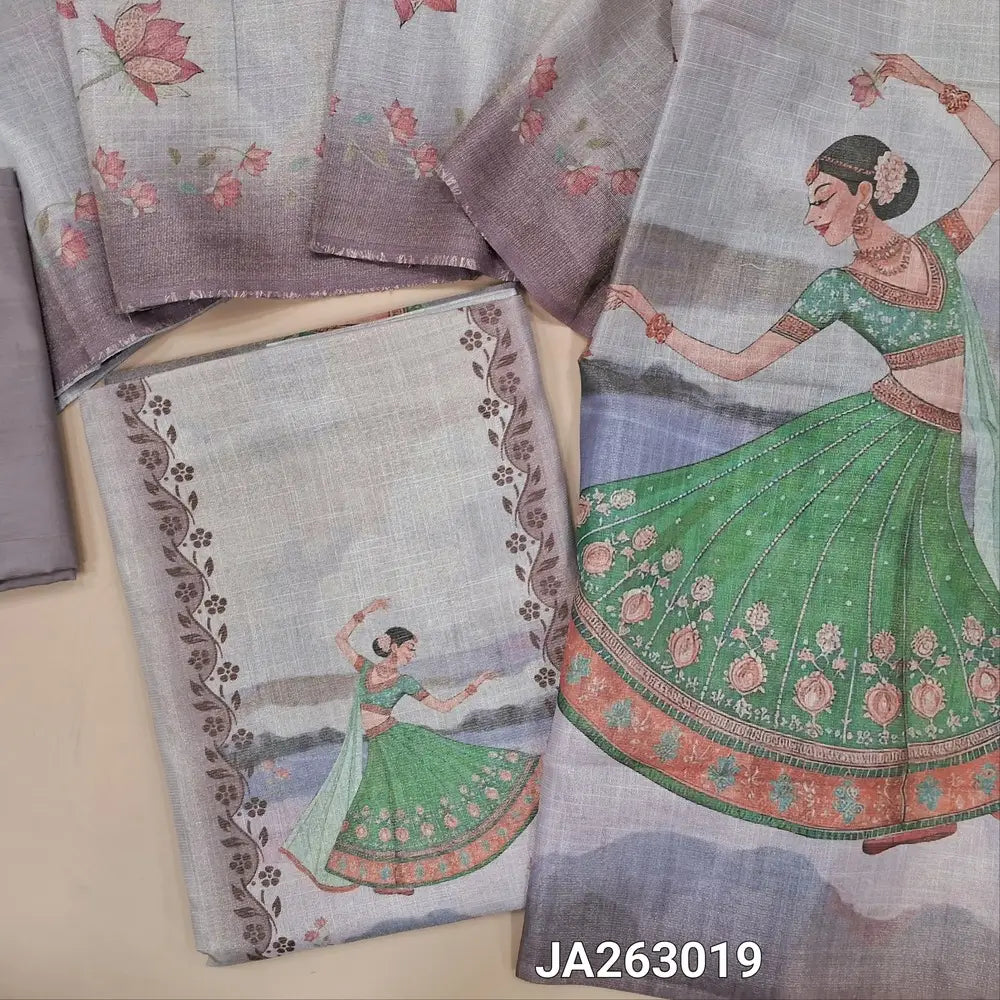 Digital printed multicolor & golden tint tissue silk cotton unstitched salwar material, (lining needed) digital print allover, mauve silky bottom, digital printed tissue silk cotton dupatta. JA263019