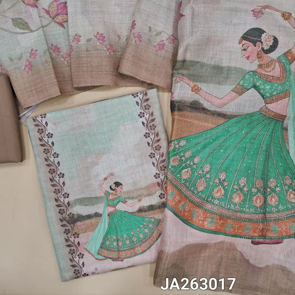 Digital printed multicolor & golden tint tissue silk cotton unstitched salwar material, (lining needed) digital print allover, light chocolate brown silky bottom, digital printed tissue silk cotton dupatta. JA263017