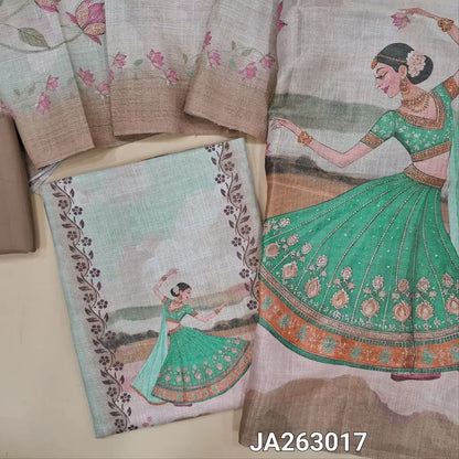 Digital printed multicolor & golden tint tissue silk cotton unstitched salwar material, (lining needed) digital print allover, light chocolate brown silky bottom, digital printed tissue silk cotton dupatta. JA263017
