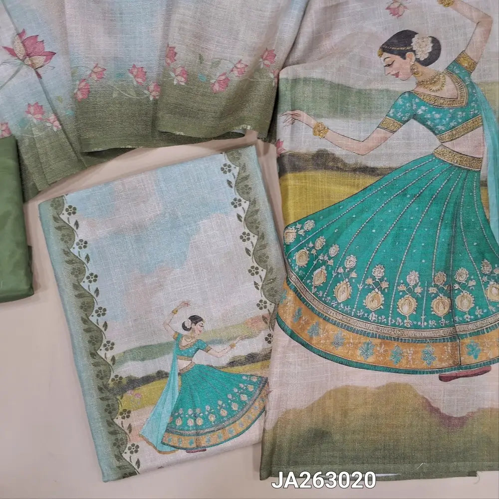 Digital printed multicolor & golden tint tissue silk cotton unstitched salwar material, (lining needed) digital print allover, green silky bottom, digital printed tissue silk cotton dupatta. JA263020