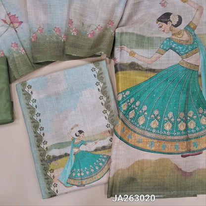 Digital printed multicolor & golden tint tissue silk cotton unstitched salwar material, (lining needed) digital print allover, green silky bottom, digital printed tissue silk cotton dupatta. JA263020