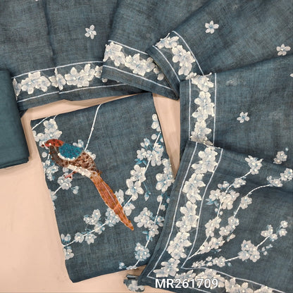 Dark blueish grey with golden tint tissue linen unstitched salwar material, embroidered  yoke,digital printed with hand embroidery work on front,(lining needed)santoon bottom, digital printed and hand embroidery work on tissue linen dupatta. MR261709