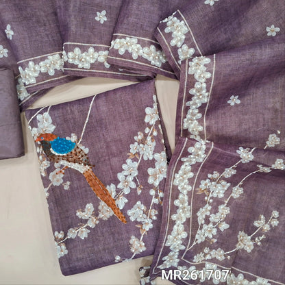 Dark mauve with golden tint tissue linen unstitched salwar material, embroidered  yoke,digital printed with hand embroidery work on front,(lining needed)santoon bottom, digital printed and hand embroidery work on tissue linen dupatta. MR261707