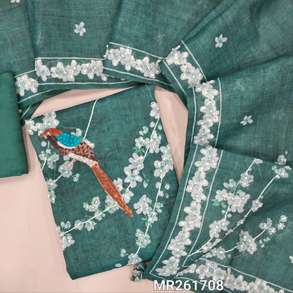 Dark teal green with golden tint tissue linen unstitched salwar material, embroidered  yoke,digital printed with hand embroidery work on front,(lining needed)santoon bottom, digital printed and hand embroidery work on tissue linen dupatta. MR261708