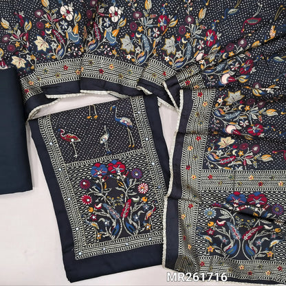 Black glazed cotton unstitched salwar material,digital printed yoke with cut bead and embroidery work, faux mirror on front,(lining optional)matching spun cotton bottom,printed short width pure modal cotton dupatta. MR261716