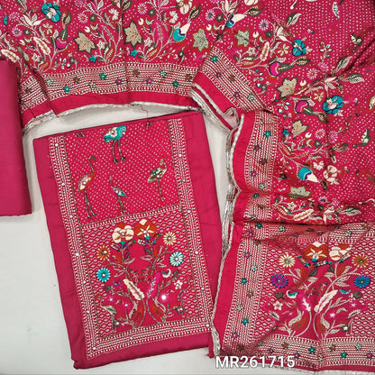 Bright pink glazed cotton unstitched salwar material,digital printed yoke with cut bead and embroidery work, faux mirror on front,(lining optional)matching spun cotton bottom,printed short width pure modal cotton dupatta. MR261715
