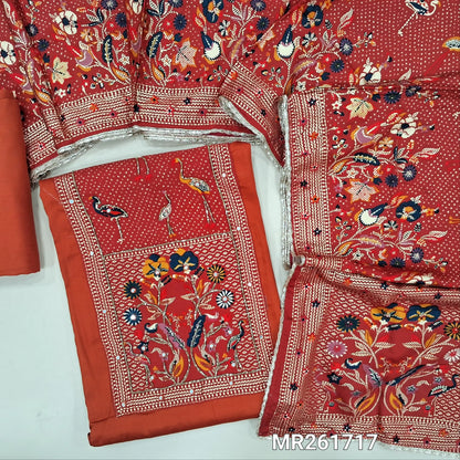 Rust orange glazed cotton unstitched salwar material,digital printed yoke with cut bead and embroidery work, faux mirror on front,(lining optional)matching spun cotton bottom,printed short width pure modal cotton dupatta. MR261717