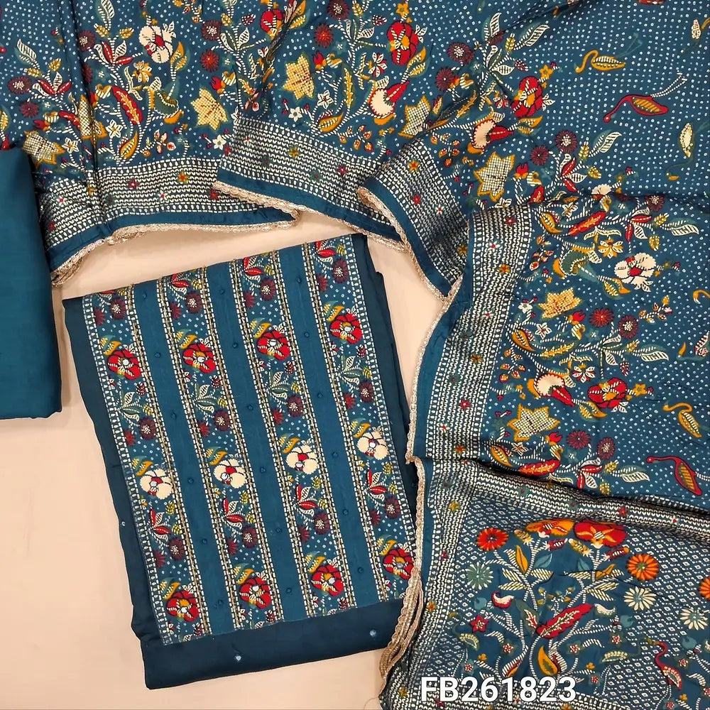 Dark teal blue premium satin cotton unstitched salwar material( textured, lining optional)printed yoke with cut bead work,matching spun cotton bottom,floral printed short width modal cotton dupatta. FB261823