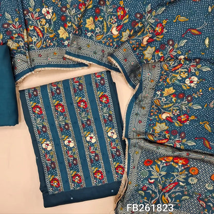 Dark teal blue premium satin cotton unstitched salwar material( textured, lining optional)printed yoke with cut bead work,matching spun cotton bottom,floral printed short width modal cotton dupatta. FB261823