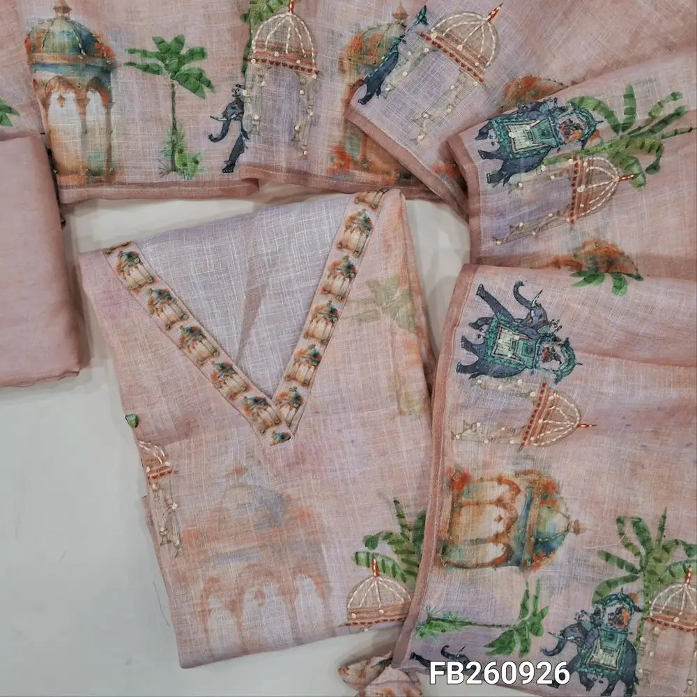 Pastel pink with golden tint tissue linen unstitched salwar material, (thin, lining needed) v neck with french knot work, printed all over, matching santoon bottom, abstract printed tissue linen dupatta with hand work borders. FB260926