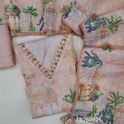 Pastel pink with golden tint tissue linen unstitched salwar material, (thin, lining needed) v neck with french knot work, printed all over, matching santoon bottom, abstract printed tissue linen dupatta with hand work borders. FB260926