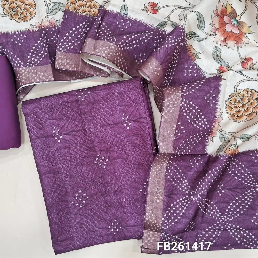 Digital printed deep wine Purple silk cotton unstitched salwar material (lining needed) bandhini tie and dye on front, matching spun cotton bottom, digital floral printed silk cotton full length dupatta. FB261417