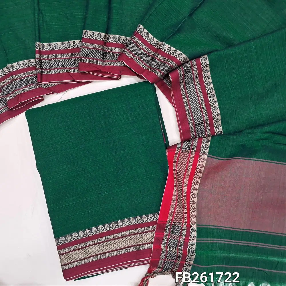 Bottle green dual shaded mercerised handloom cotton unstitched salwar material, 4.5 metres, thread woven borders (Thin, Lining Needed) Full length dupatta with doule side borders. FB261722