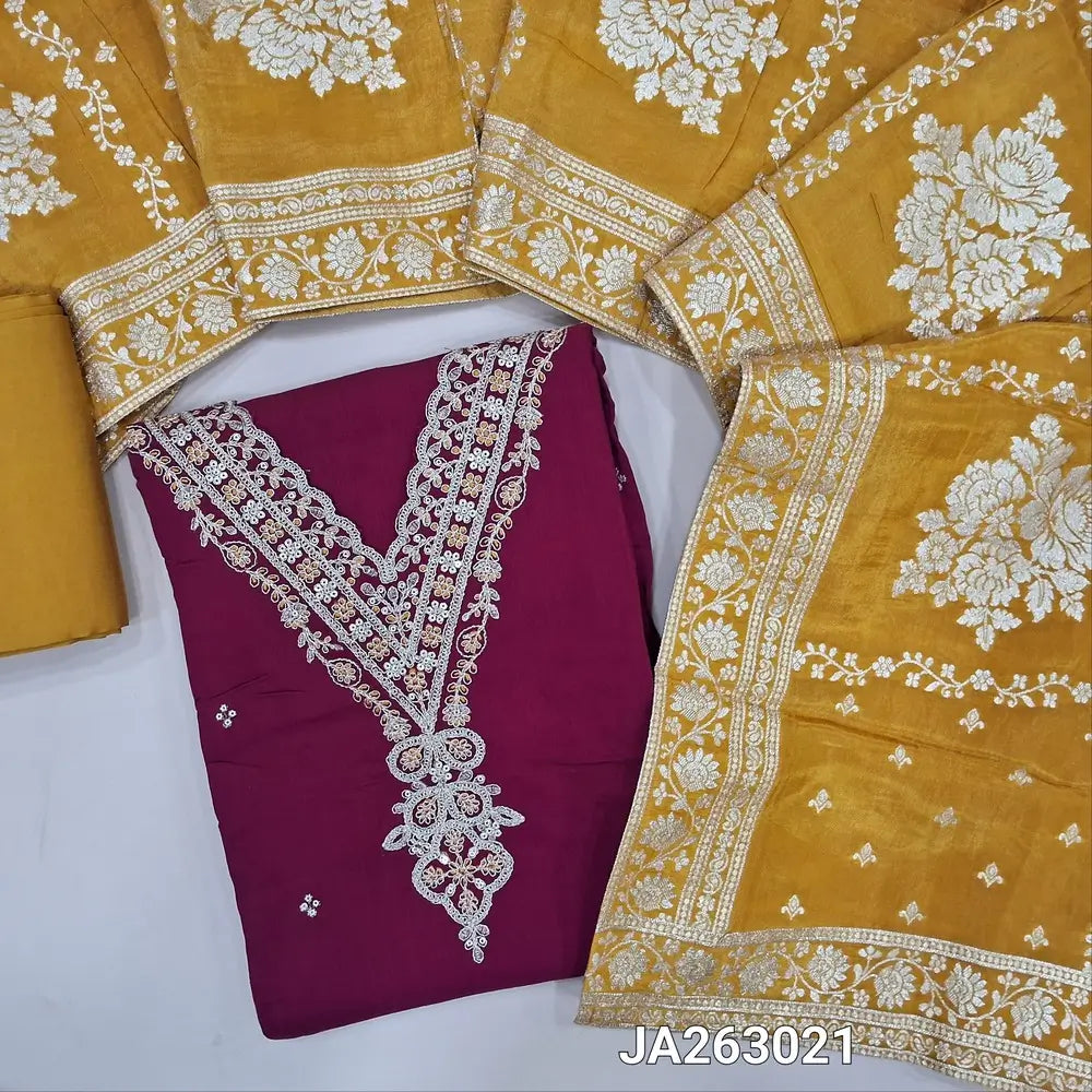 Designer beetroot Purple pure maslin silk unstitched salwar material, v neck with zari& sequins work, sequins work on front(lining needed)mehandhi yellow santoon bottom, premium tissue organza silk short width dupatta with zari weaving borders. JA263021