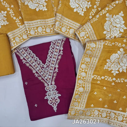 Designer beetroot Purple pure maslin silk unstitched salwar material, v neck with zari& sequins work, sequins work on front(lining needed)mehandhi yellow santoon bottom, premium tissue organza silk short width dupatta with zari weaving borders. JA263021