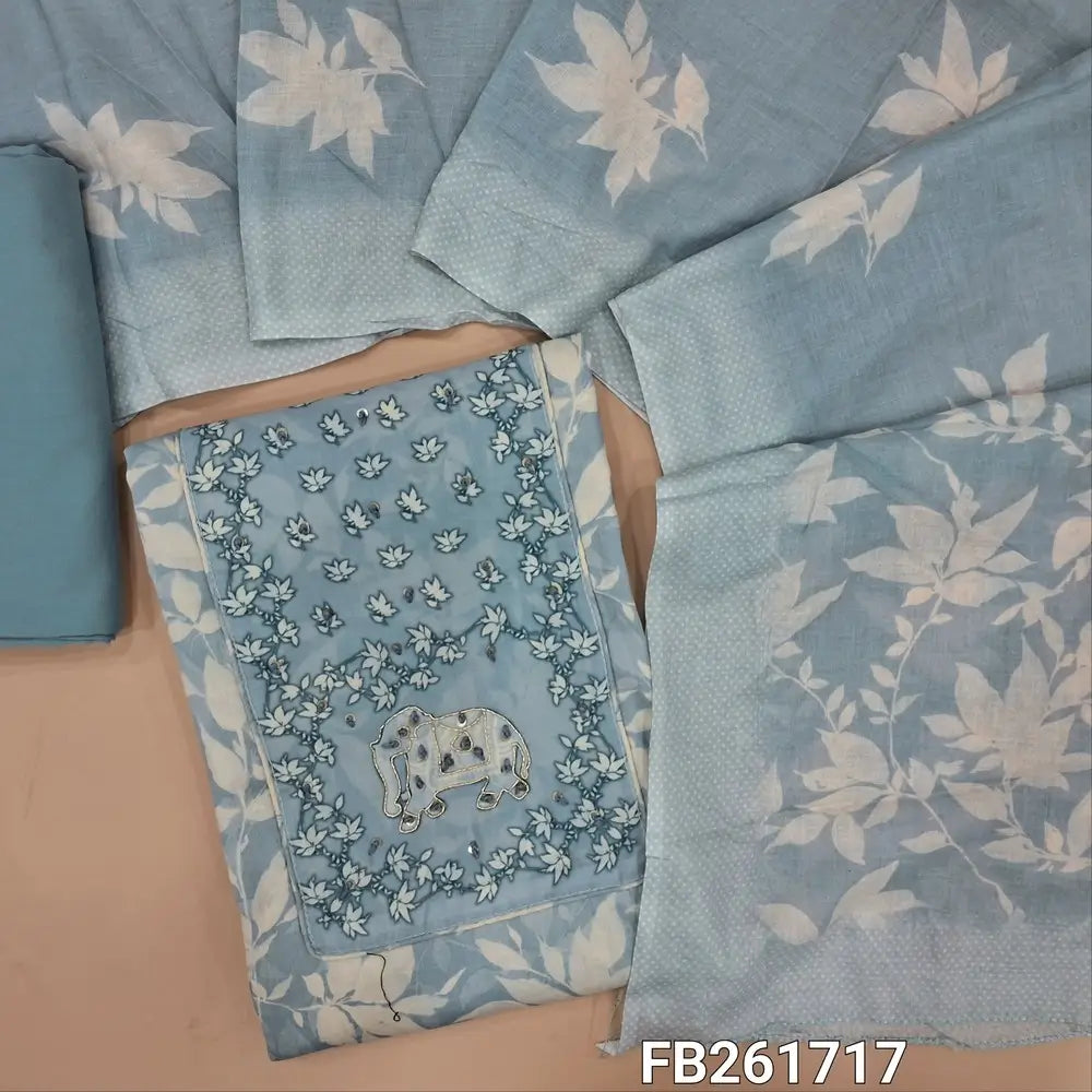 Pastel blue printed premium satin cotton unstitched salwar material, (Lining Optional) printed yoke with zarodzi work, matching spun cotton bottom, printed mixed cotton dupatta. FB261717