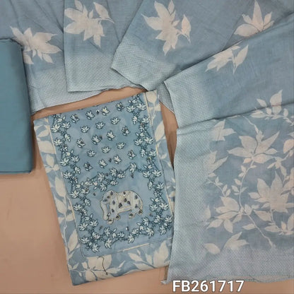 Pastel blue printed premium satin cotton unstitched salwar material, (Lining Optional) printed yoke with zarodzi work, matching spun cotton bottom, printed mixed cotton dupatta. FB261717