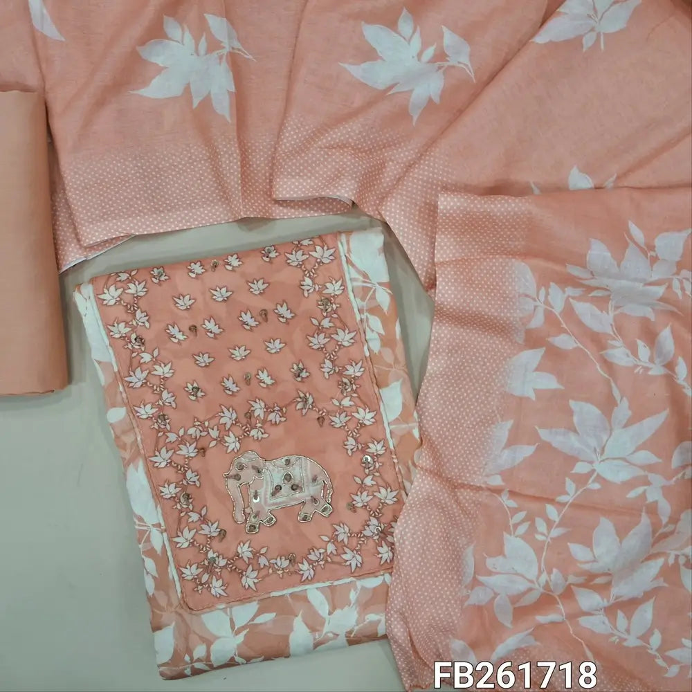Pastel peach printed premium satin cotton unstitched salwar material, (Lining Optional) printed yoke with zarodzi work, matching spun cotton bottom, printed mixed cotton dupatta. FB261718