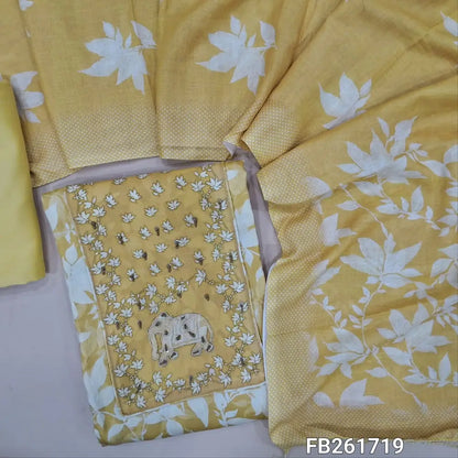 Yellowish beige printed premium satin cotton unstitched salwar material, (Lining Optional) printed yoke with zarodzi work, matching spun cotton bottom, printed mixed cotton dupatta. FB261719
