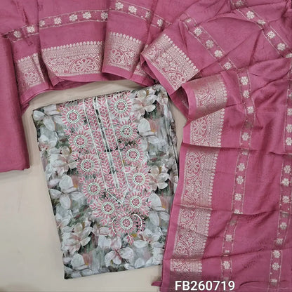 Grey base floral printed premium butter silk unstitched salwar material, thread and pearl bead on yoke,(thin, lining needed)pastel pink silky bottom, premium jakard silk cotton dupatta with zari weaving &borders. FB260719