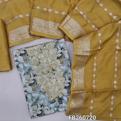 Grey base floral printed premium butter silk unstitched salwar material, thread and pearl bead on yoke,(thin, lining needed)mehandhi yellow silky bottom, premium jakard silk cotton dupatta with zari weaving &borders. FB260720