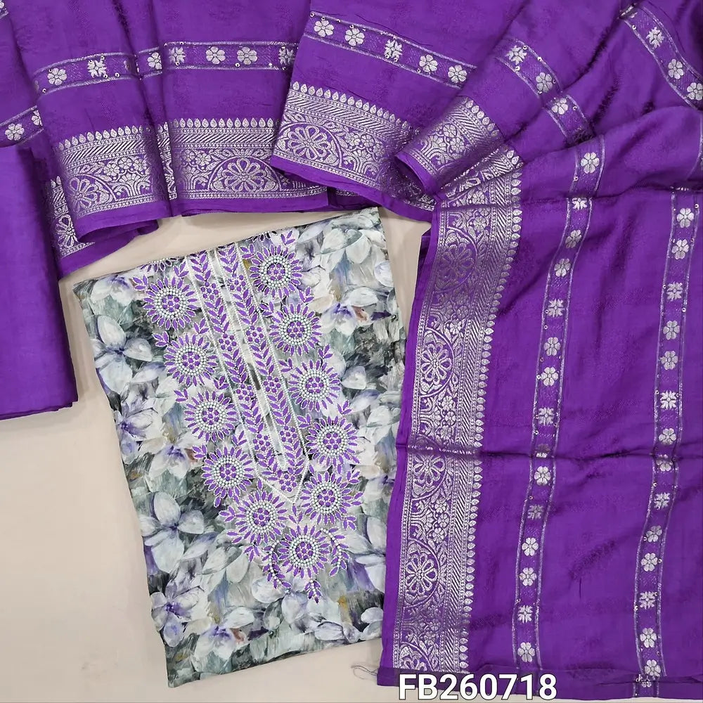 Grey base floral printed premium butter silk unstitched salwar material, thread and pearl bead on yoke,(thin, lining needed)purple silky bottom, premium jakard silk cotton dupatta with zari weaving &borders. FB260718