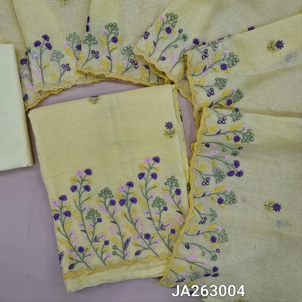 Pastel Yellow kota cotton unstitched salwar material (lining needed) rich embroidery on daman, matching cotton bottom, embroidery kota cotton dupatta with scallop borders. JA263004