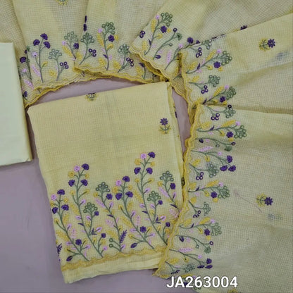 Pastel Yellow kota cotton unstitched salwar material (lining needed) rich embroidery on daman, matching cotton bottom, embroidery kota cotton dupatta with scallop borders. JA263004