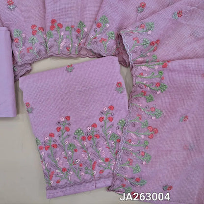 Light Purple kota cotton unstitched salwar material (lining needed) rich embroidery on daman, matching cotton bottom, embroidery kota cotton dupatta with scallop borders. JA263005