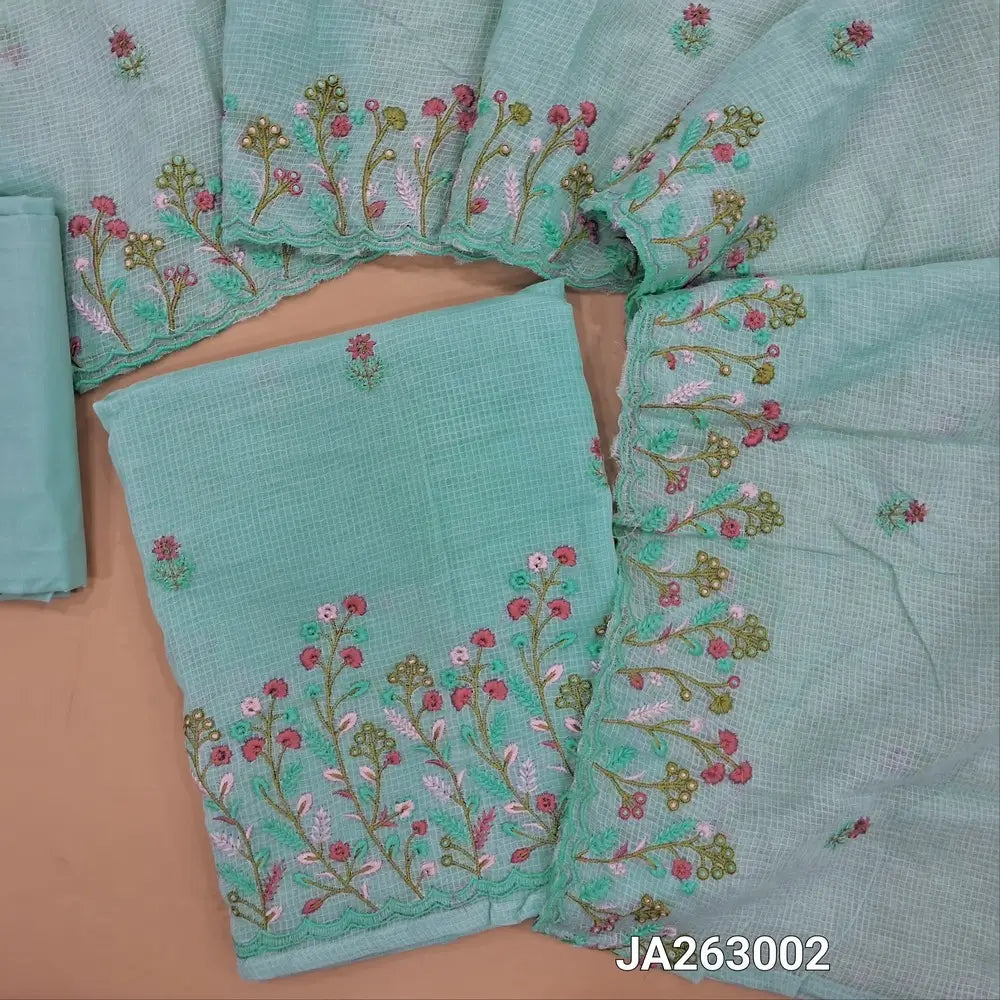 Pastel Blue kota cotton unstitched salwar material (lining needed) rich embroidery on daman, matching cotton bottom, embroidery kota cotton dupatta with scallop borders. JA263002