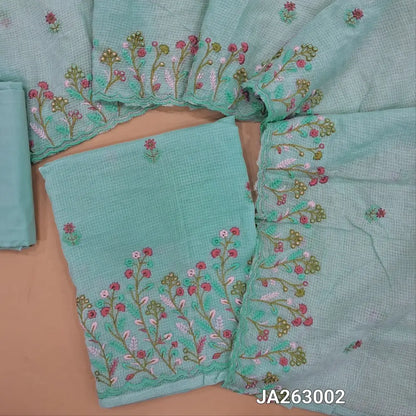 Pastel Blue kota cotton unstitched salwar material (lining needed) rich embroidery on daman, matching cotton bottom, embroidery kota cotton dupatta with scallop borders. JA263002
