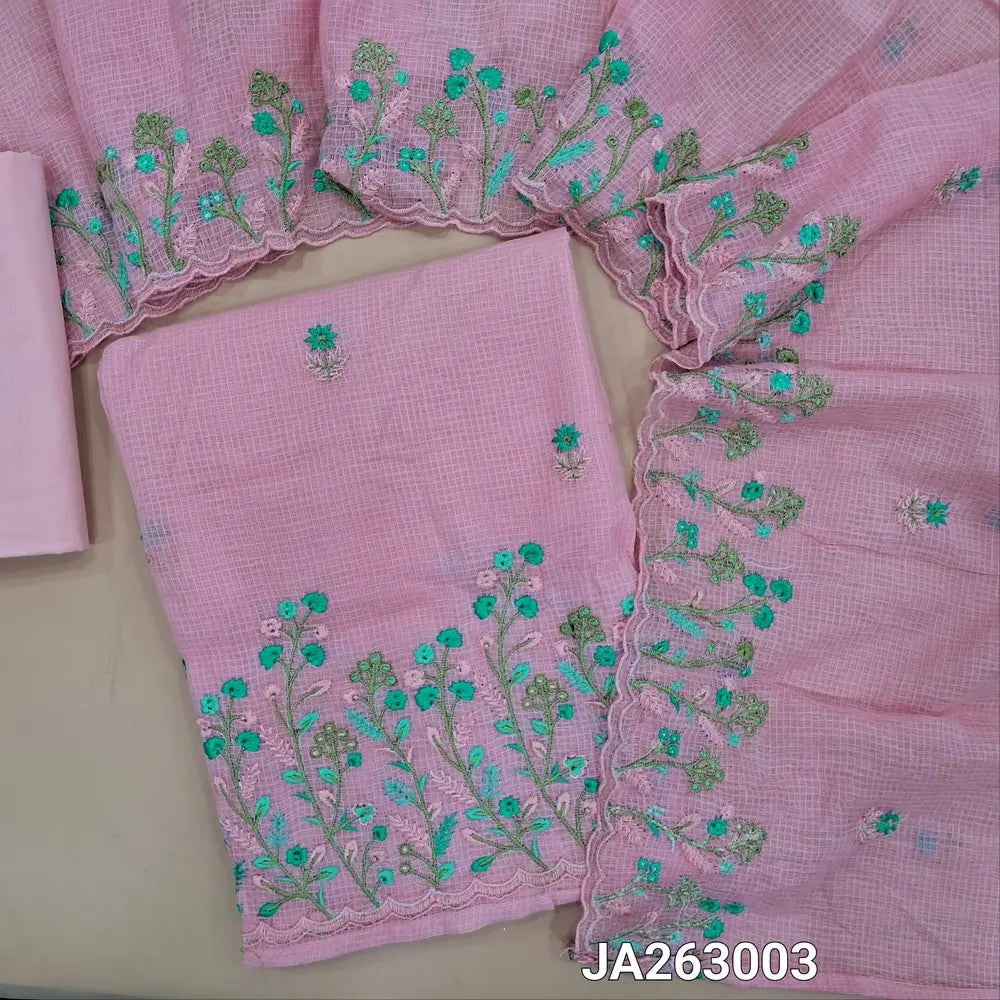Pastel Pink kota cotton unstitched salwar material (lining needed) rich embroidery on daman, matching cotton bottom, embroidery kota cotton dupatta with scallop borders. JA263003