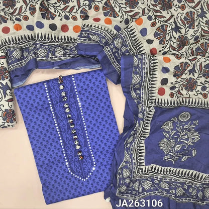 Printed ink Blue soft cotton unstitched salwar material(lining needed) faux mirror, potli buttons on yoke, printed cotton bottom, printed mul cotton dupatta with pompom tapings. JA263106