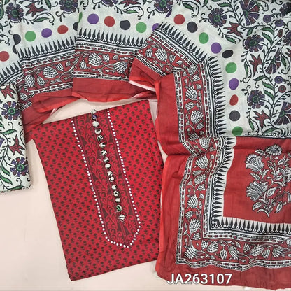 Printed Reddish Maroon soft cotton unstitched salwar material(lining needed) faux mirror, potli buttons on yoke, printed cotton bottom, printed mul cotton dupatta with pompom tapings. JA263107