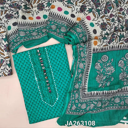 Printed turquoise Blue soft cotton unstitched salwar material(lining needed) faux mirror, potli buttons on yoke, printed cotton bottom, printed mul cotton dupatta with pompom tapings. JA263108