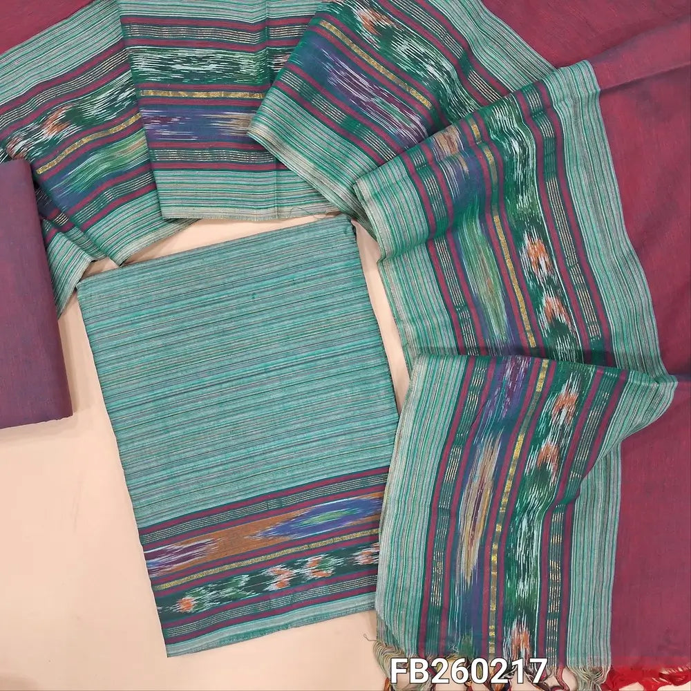 Printed pastel Blue south handloom cotton unstitched salwar material (lining needed) ikat woven bonders on daman, dual purple handloom cotton bottom, dual shaded handloom cotton dupatta with ikat borders & tassels. FB260217