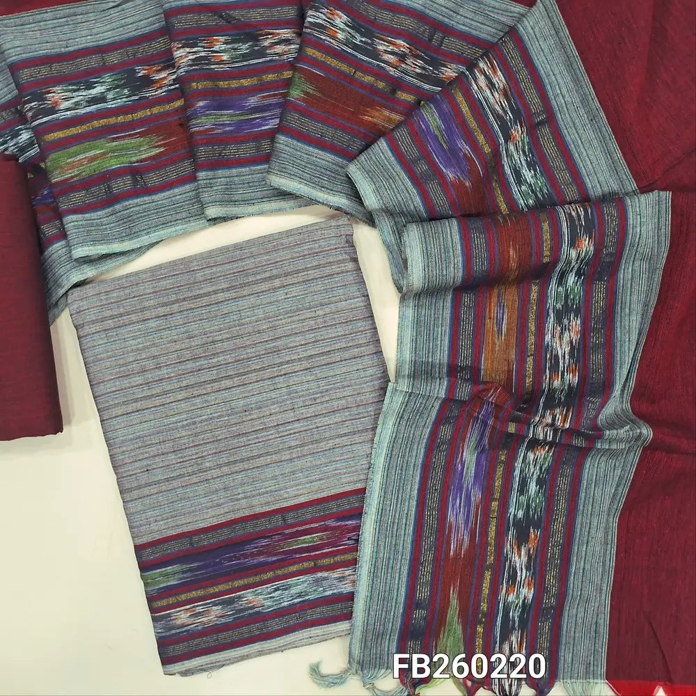 Printed Grey south handloom cotton unstitched salwar material (lining needed) ikat woven bonders on daman, maroon handloom cotton bottom, dual shaded handloom cotton dupatta with ikat borders & tassels. FB260220
