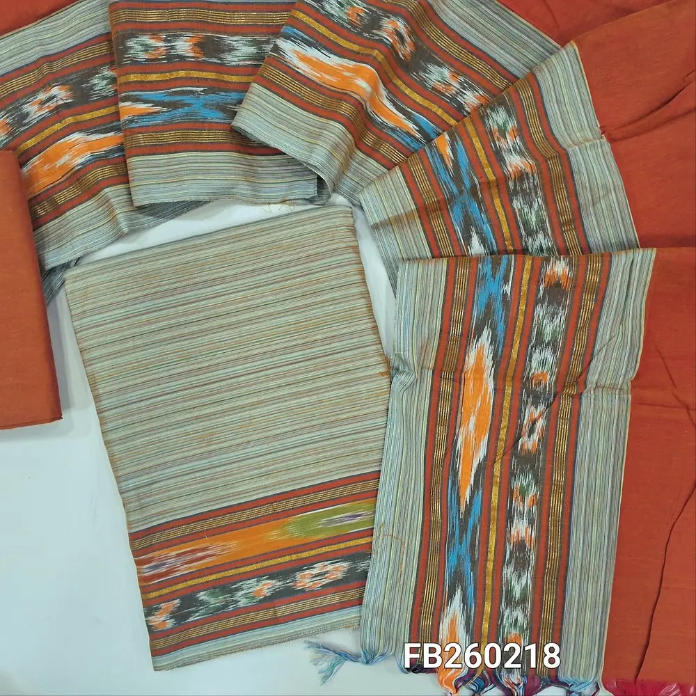 Printed Beige south handloom cotton unstitched salwar material (lining needed) ikat woven bonders on daman, red handloom cotton bottom, dual shaded handloom cotton dupatta with ikat borders & tassels. FB260218